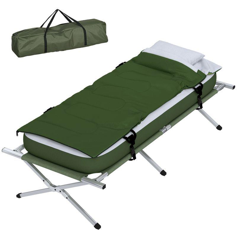 Outsunny Camping Cot, Folding Bed with Mattress, Sleeping Bag, Pillow, Carry Bag, Comfortable and Portable for Travel Camp Beach