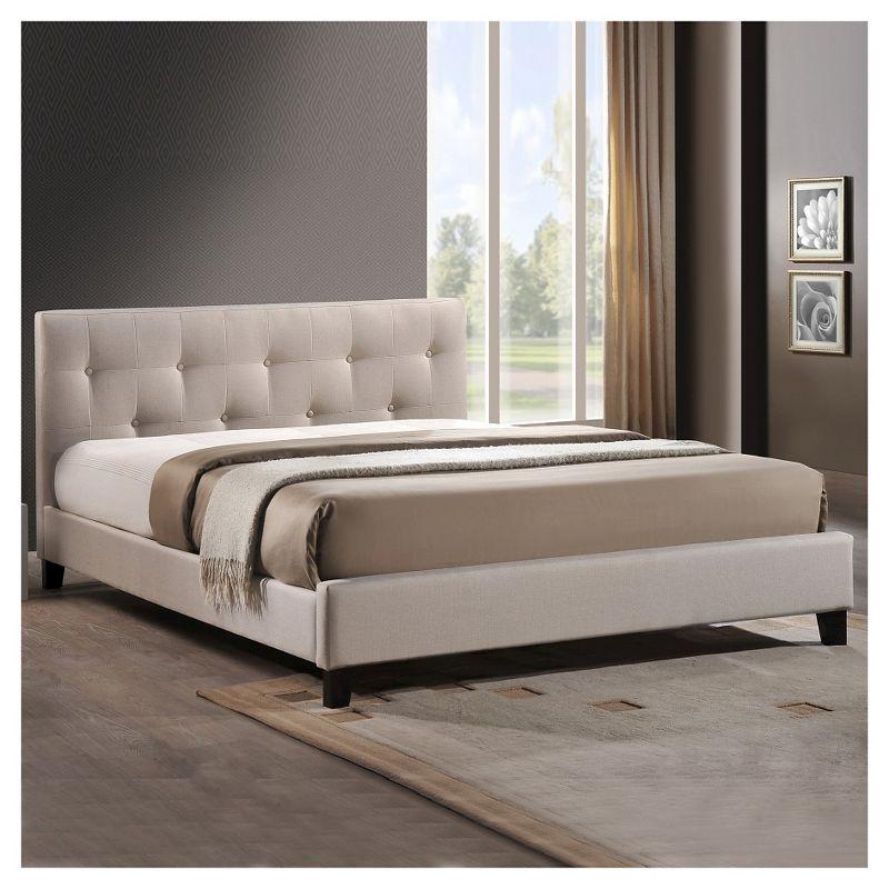 Elegant Annette Queen Platform Bed with Linen Upholstery in Light Beige