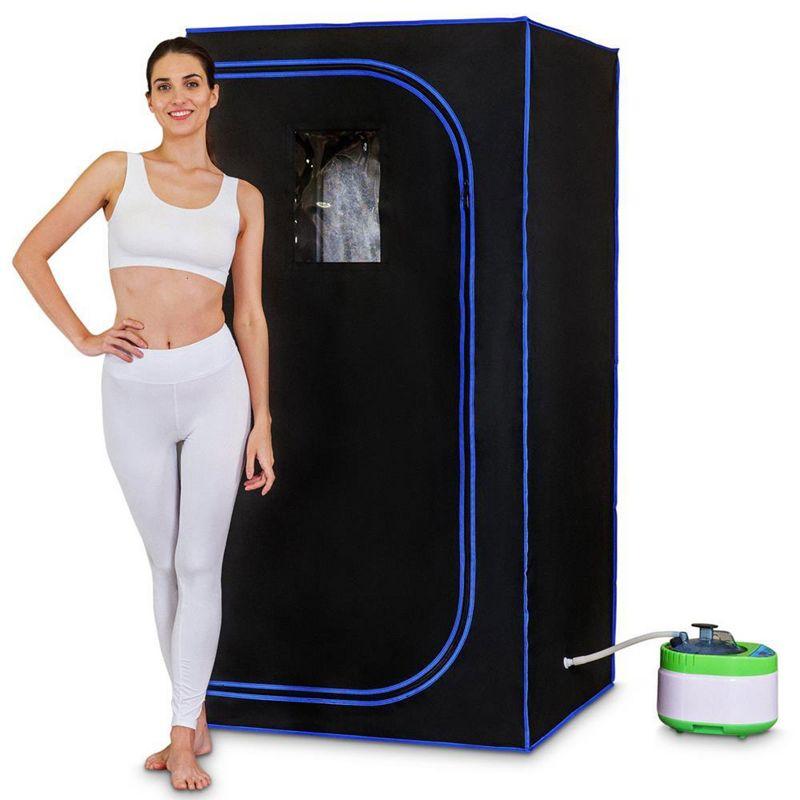 SereneLife Portable Full Size Personal Home Spa Steam Sauna with Hand Access Zippers, Remote Control, Timer, and Folding Chair, Black