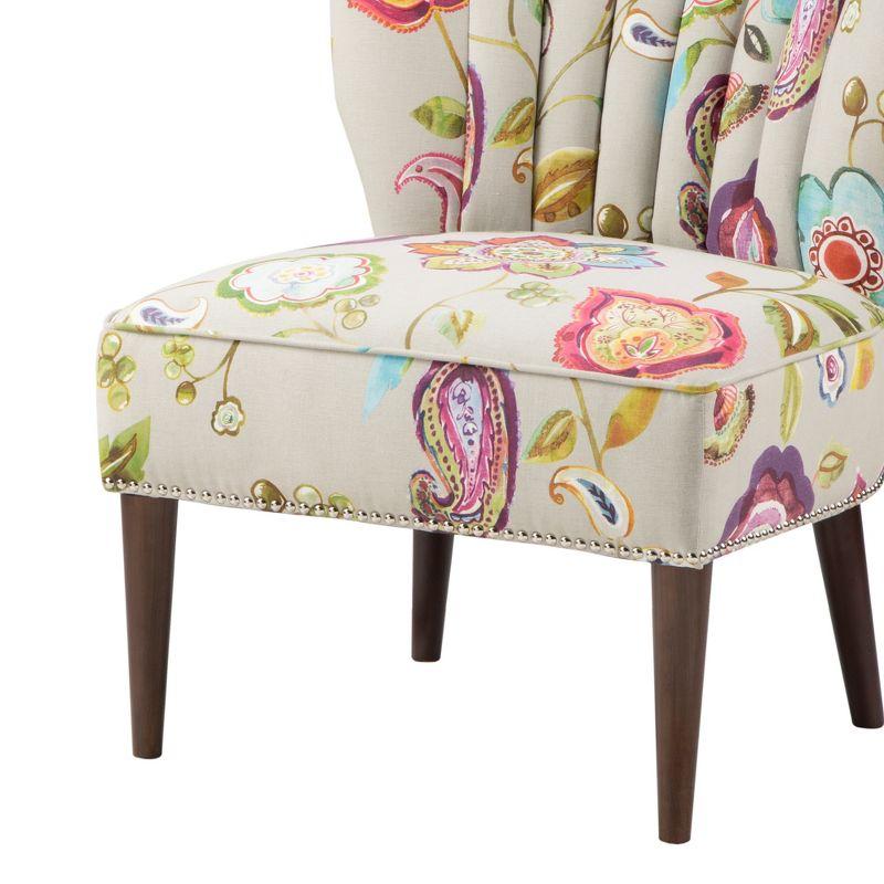 Remy Channel Back Slipper Chair Green/Cream: Madison Park, Wingback Design, Floral Pattern, Wood Legs