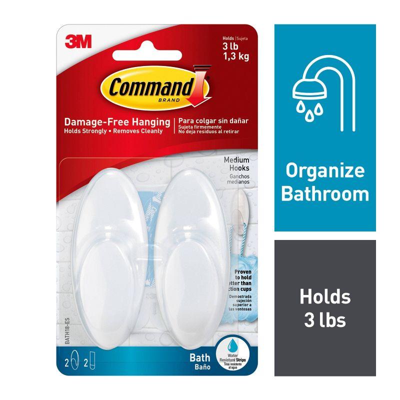 Command 2 Hooks 2 Strips Medium Sized Bath Hooks Frosted: Plastic Adhesive, 3 lb Capacity, Shower Command Hooks