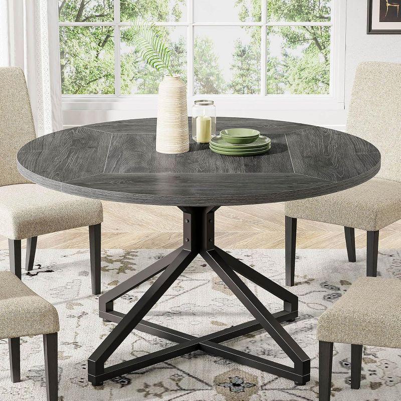 47-Inch Gray Wood Round Dining Table with Metal Pedestal Base