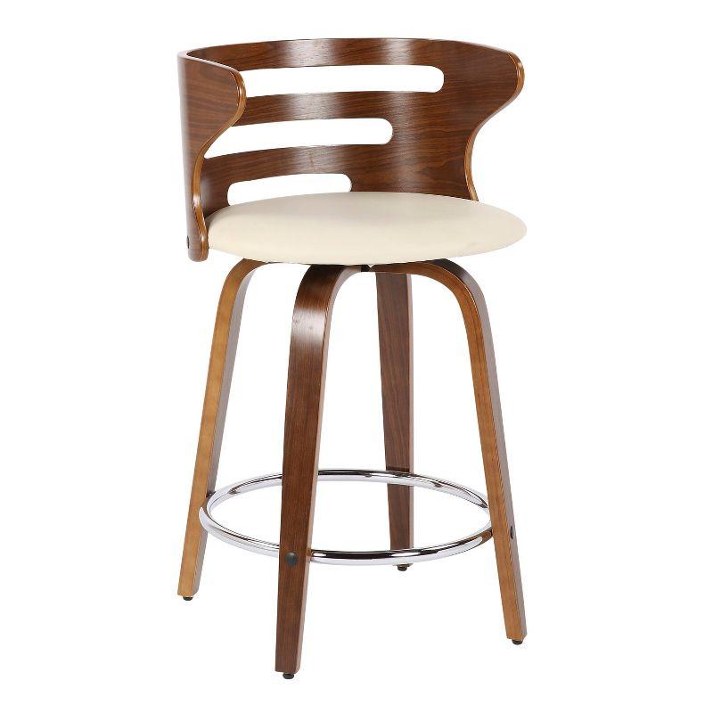 LumiSource Set of 2 Cosini Upholstered Counter Height Barstools Cream/Walnut: Swivel, Wood Legs, Faux Leather