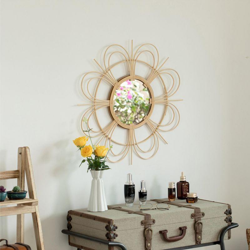 Vintiquewise Decorative Flower Shape Woven Rattan Wood Round Modern Hanging Wall Mirror