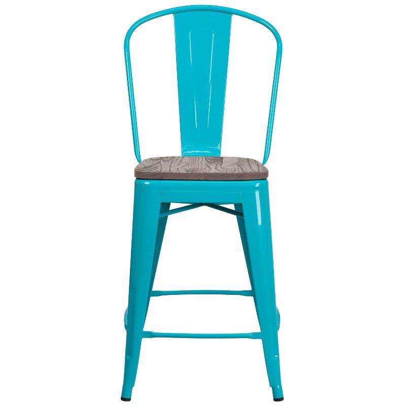 Flash Furniture 24" High Crystal Teal-Blue Metal Counter Height Stool with Back and Wood Seat