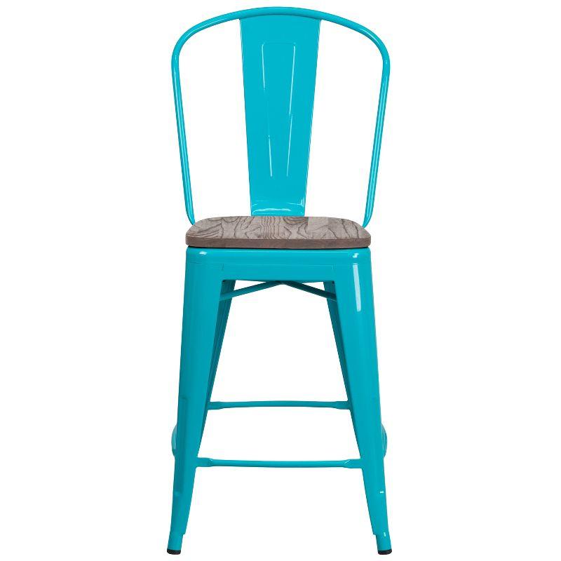 Crystal Teal-Blue Metal Counter Stool with Wood Seat