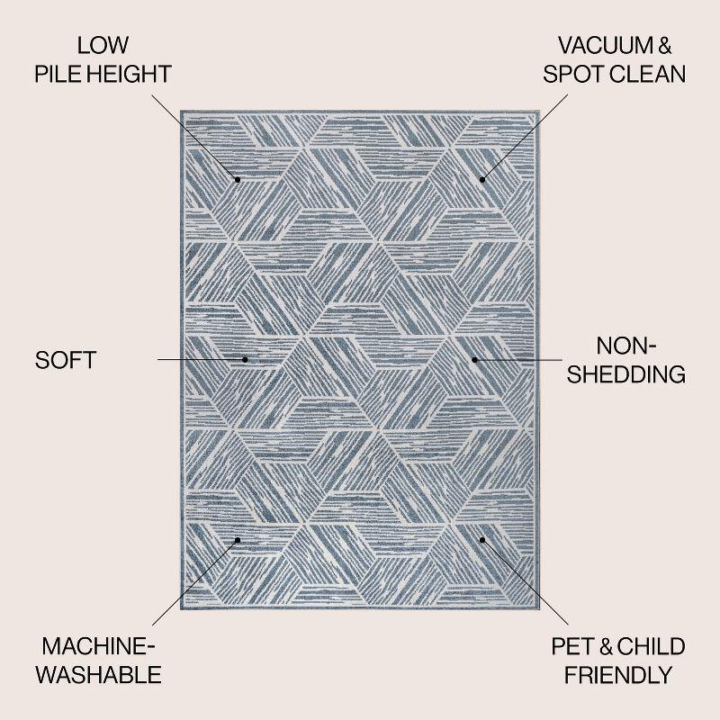 Blue and Cream Geometric Machine-Washable 4' x 6' Area Rug