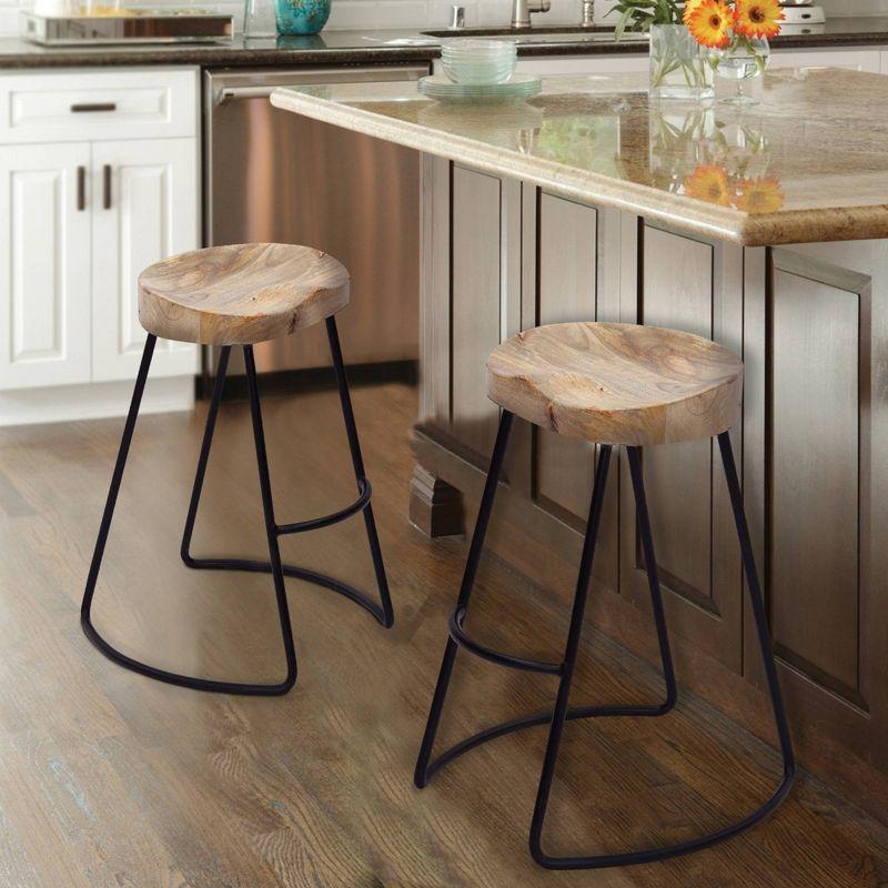 Curvy Metal Base Saddle Seat Barstool, Brown and Black, 30"