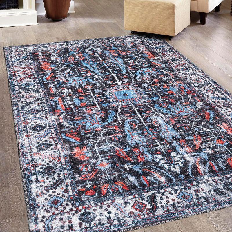 Black and Blue Rectangular Washable Chenille Area Rug