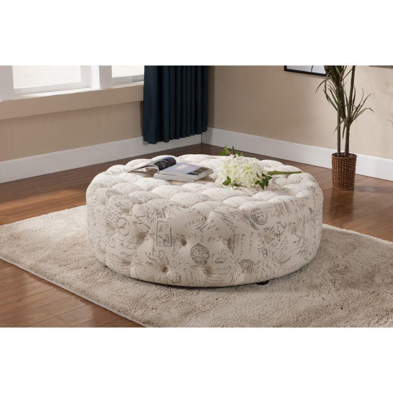 Cardiff Script Print Modern Tufted Ottoman - Baxton Studio: Circular, Linen Upholstery, Wood Legs