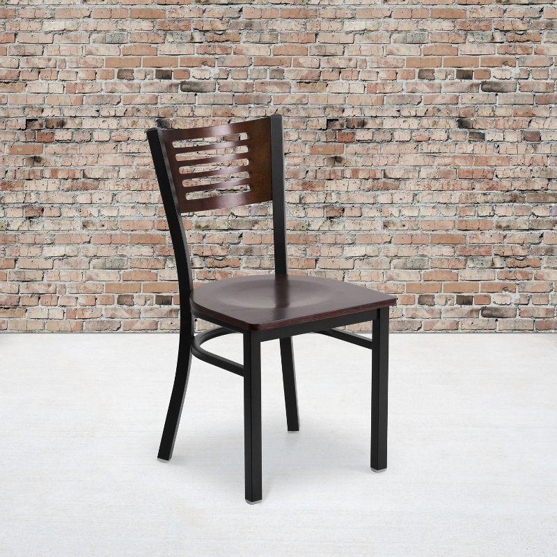 High Back Walnut Wood and Black Steel Slat Side Chair