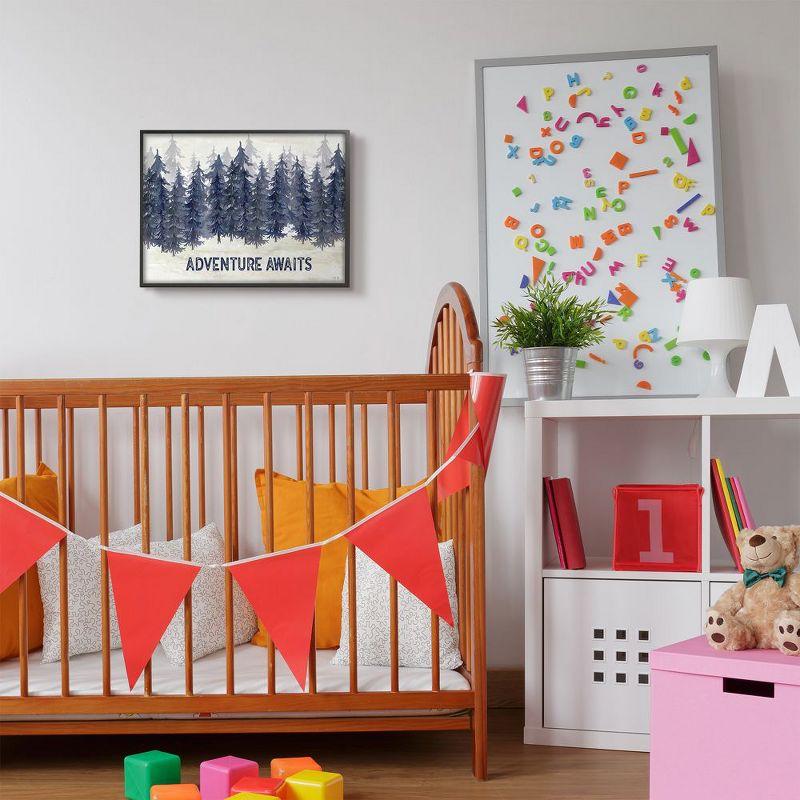 Stupell Industries Adventure Awaits Quote Blue Pine Tree Forest Scene Black Framed Giclee, 16 x 20