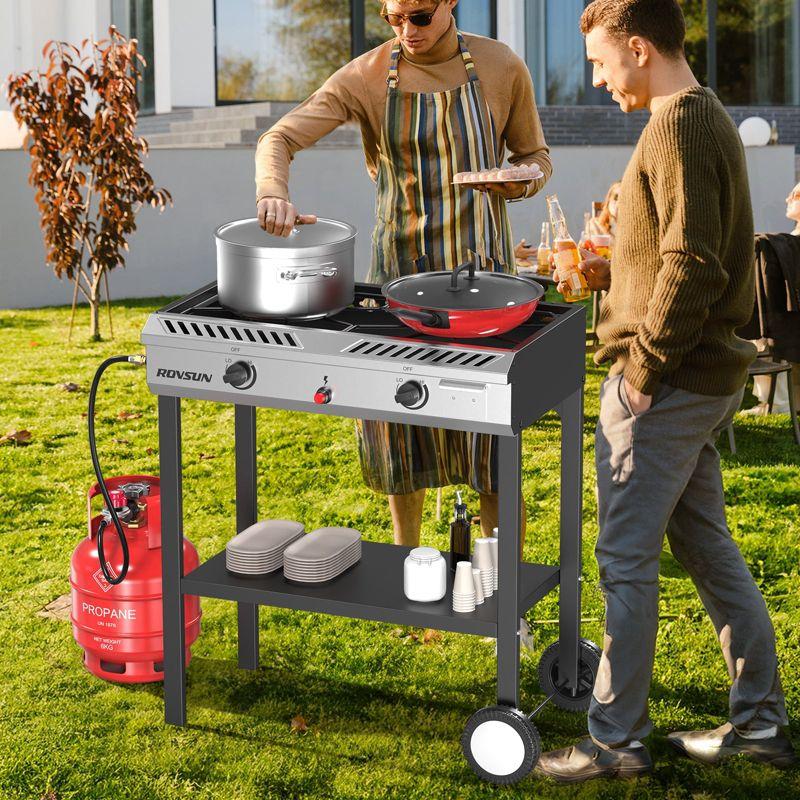 ROVSUN 2 Burner Outdoor Propane Gas Stove with Ignition, Regulator & Shelf, 150,000 BTU Powerful Cooker for Backyard Patio Cooking Home Canning Frying