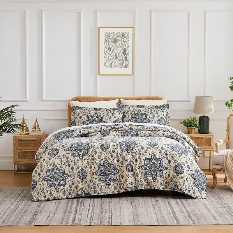 Indigo and Cream Geometric Microfiber Full/Queen Duvet Cover Set