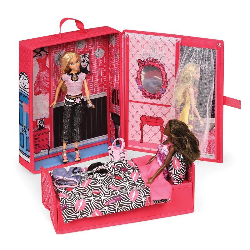 Badger Basket Home & Go Dollhouse Playset Travel & Storage Case with Bed/Bedding for 12-inch Fashion Dolls - Pink/Multi