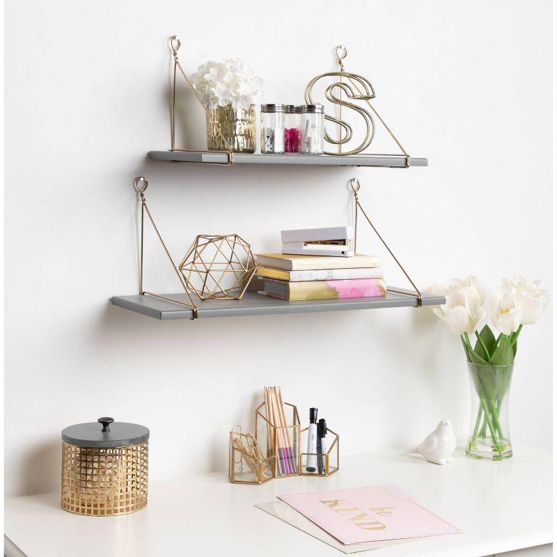 Vista Gray and Gold Wood and Metal Bracket Wall Shelves, 2-Piece Set