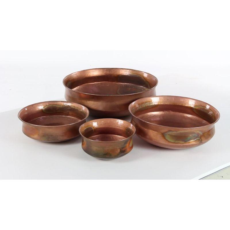 Alfarata 4 Piece Metal Wide Weathered Low Bowl Indoor Outdoor Copper Planter Set