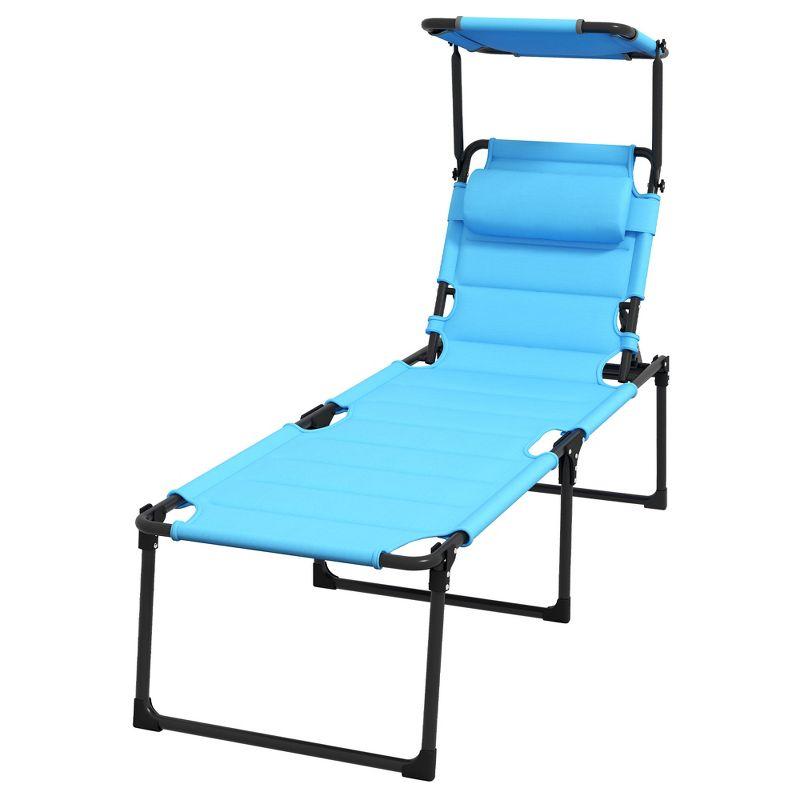 Outsunny Outdoor Lounge Chair, 4 Position Adjustable Backrest Folding Lounge, Cushioned Tanning Chair w/ Sun Shade Roof & Pillow Headrest, Light Blue