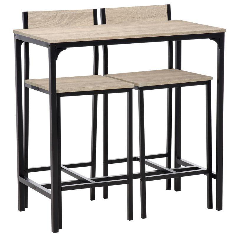 Natural Wood and Black Metal 3-Piece Bar Table Set