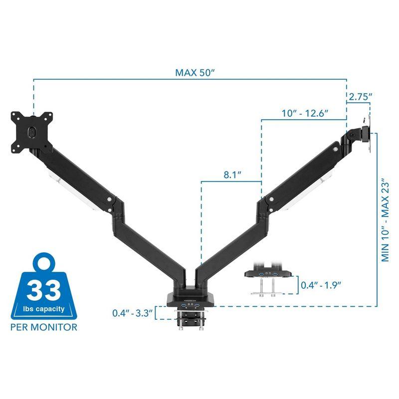 Mount-It! Full Motion Articulating Heavy Duty Dual Monitor Desk Mount w/ USB 3.0 Ports Fit 17-35 in, 33 Lbs. Capacity Per Arm w/ Adjustable Gas Spring