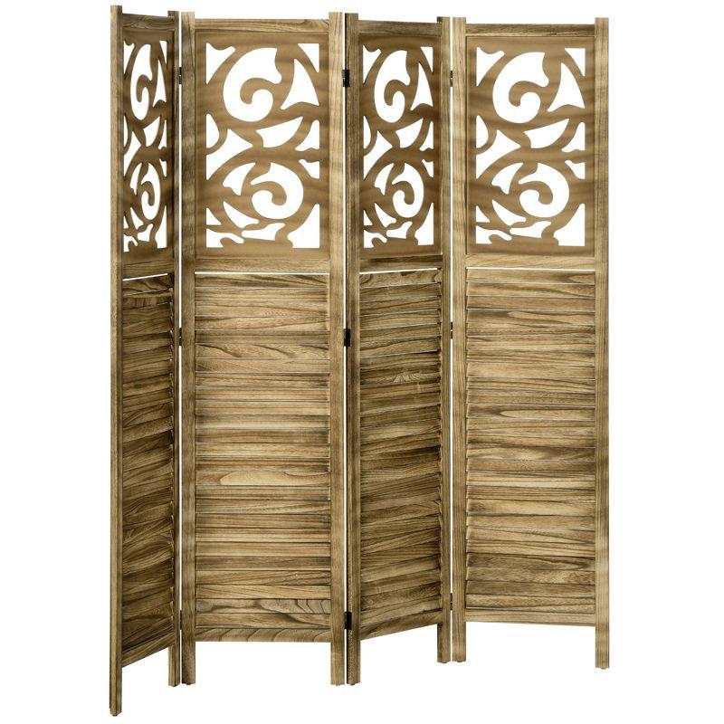 HOMCOM 4 Panel Room Divider, 5.5' Tall Wood Indoor Portable Folding Privacy Screens, Double Hinged Partition Wall Dividers for Home, Brown