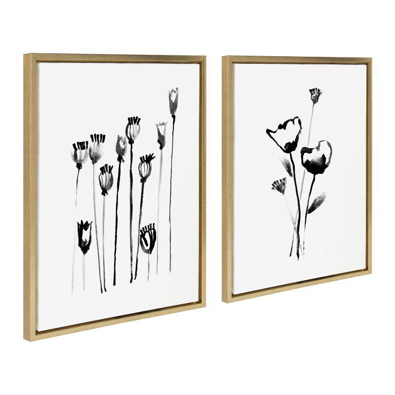 Black and White Wildflowers and Seed Pods Canvas Set with Gold Frame