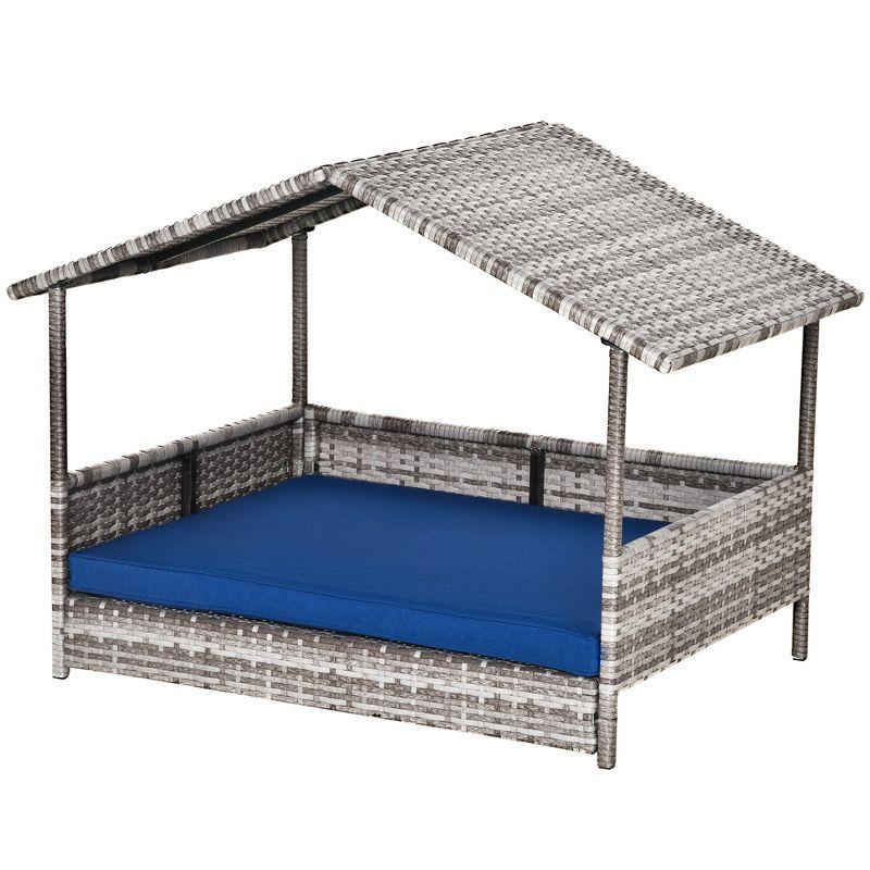 PawHut Wicker Dog House Elevated Raised Rattan Bed for Indoor/Outdoor with Removable Cushion Lounge, Dark Blue