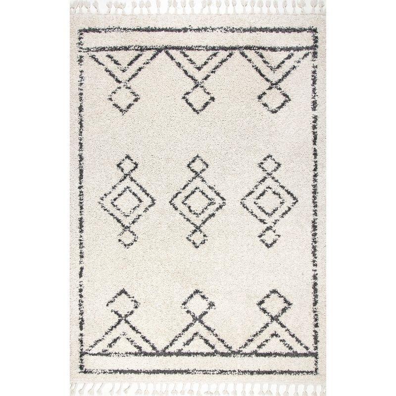 Off-White Moroccan Diamond Braided Shag Rug, 62"x26"