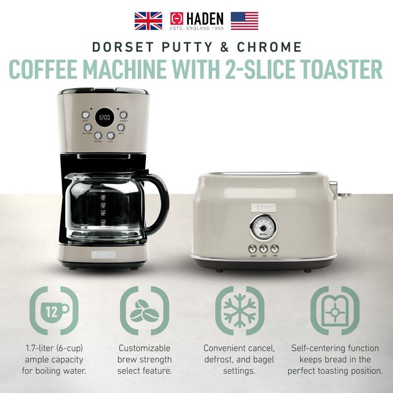 Haden 12 Cup Programmable Drip Coffee Maker Coffee Machine Bundled with Dorset 2 Slice Wide Slot Stainless Steel Toaster, Putty & Chrome