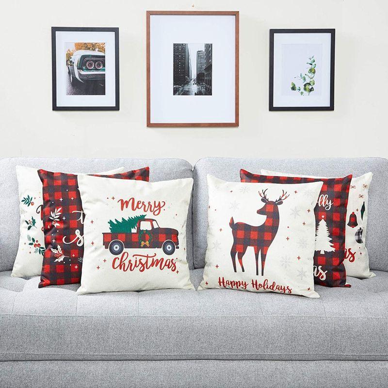 Festive Red Plaid Christmas Polyester Pillow Covers Set