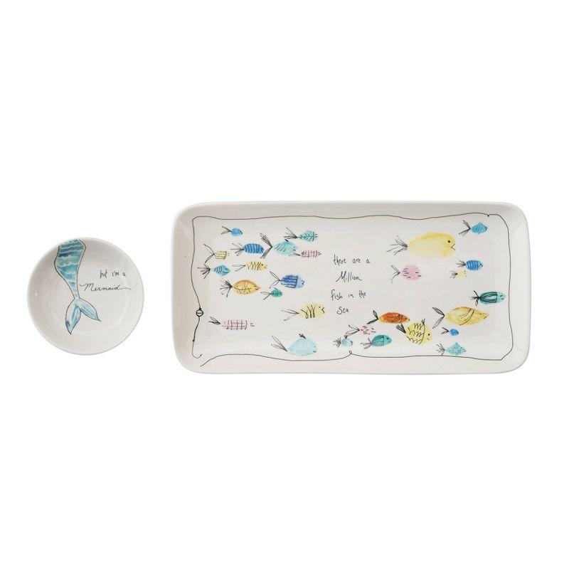 Storied Home Stoneware Plate & Small Round Dish with Fish Print White 2pc: Nautical Coastal Beach Style, Dishwasher-Safe