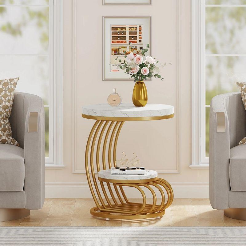 Hommoo Round End Table, 2 Tiers Faux Marble Side Table with Storage Shelf White & Gold