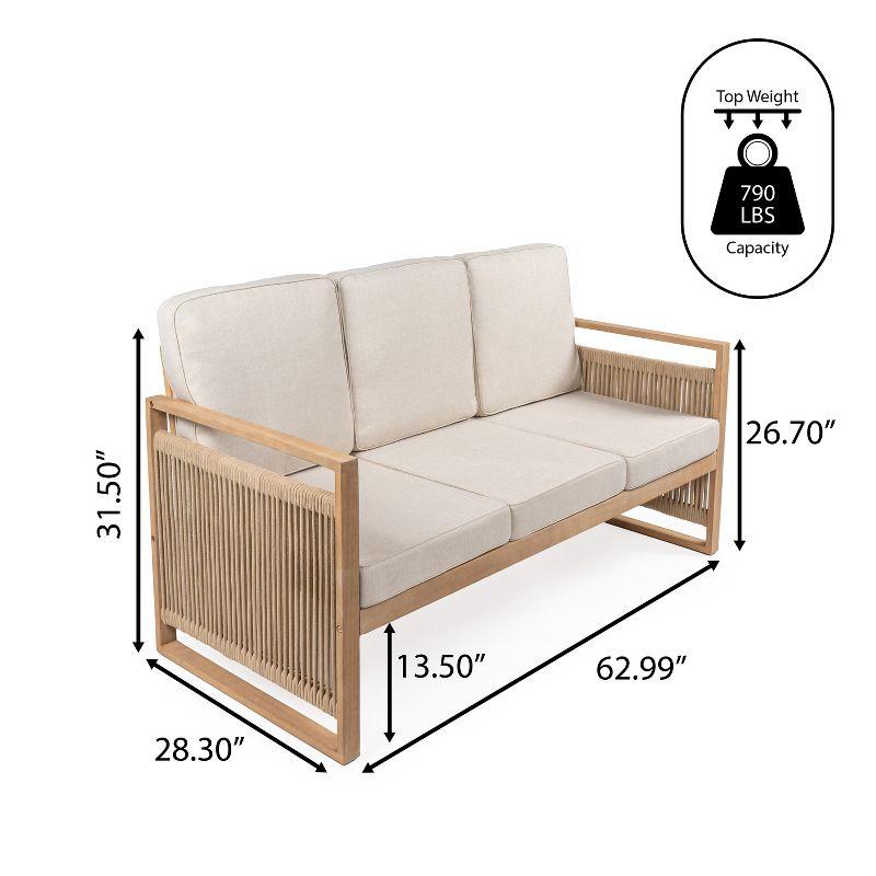 Gable 3-Seat Mid-Century Modern Roped Acacia Wood Outdoor Sofa with Cushions - JONATHAN Y