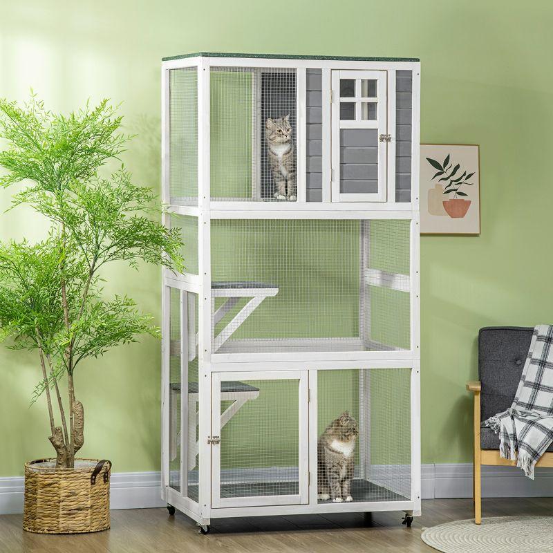 Gray Wooden Freestanding Outdoor Cat House with Perches