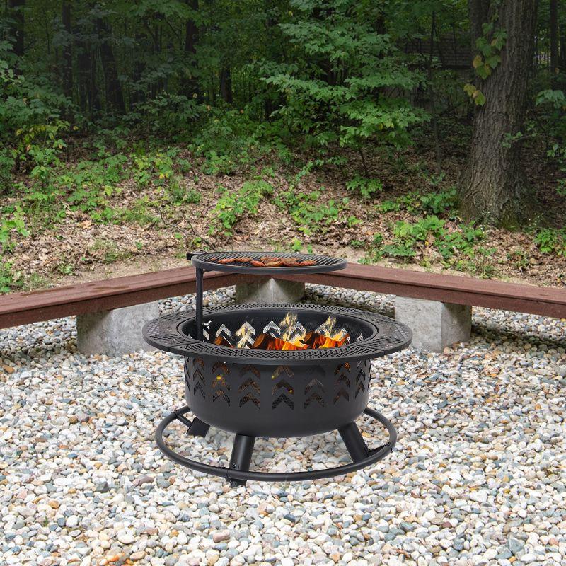 Sunnydaze Arrow Motif Heavy-Duty Steel Fire Pit with Cooking Grate, and PVC Cover - 32-Inch Round - Black