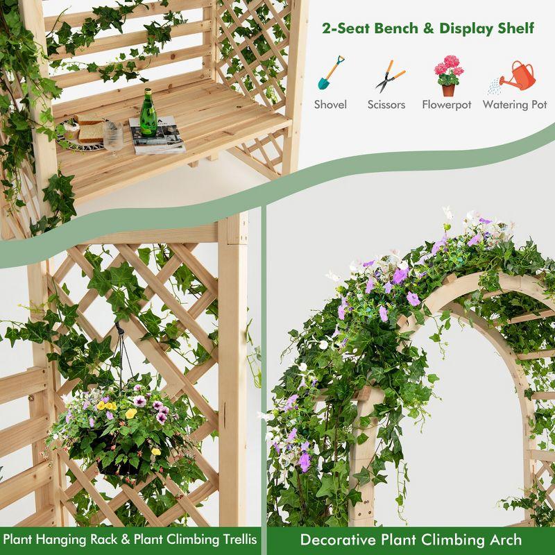 Costway Wooden Garden Bench Arch Pergola Outdoor Arbor w/backrest Patio Trellis Pergola