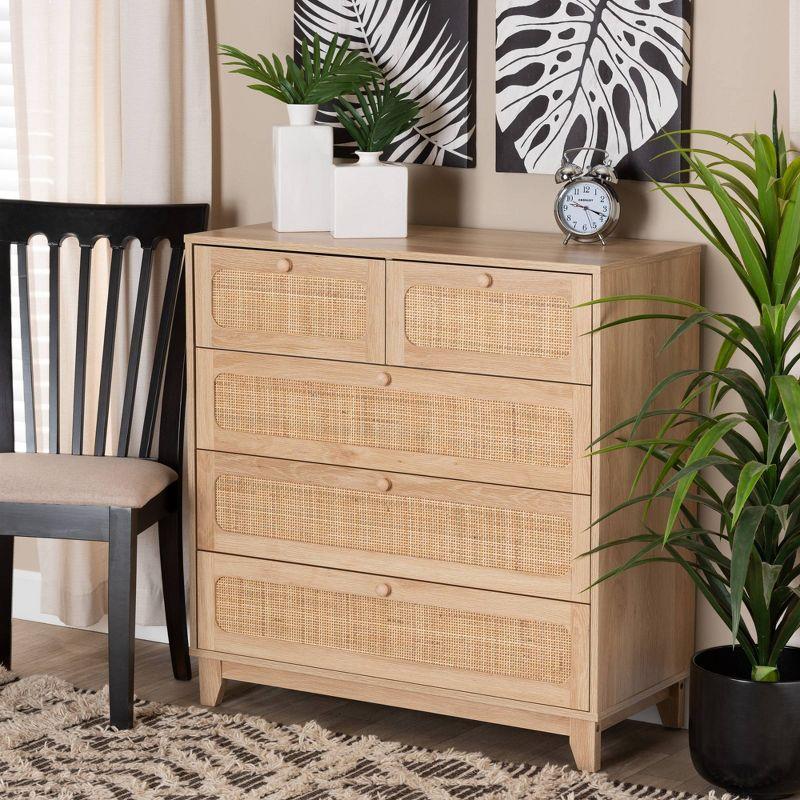 Elsbeth Wood and Natural Rattan 5 Drawer Storage Cabinet Oak Brown/Natural Brown - Baxton Studio