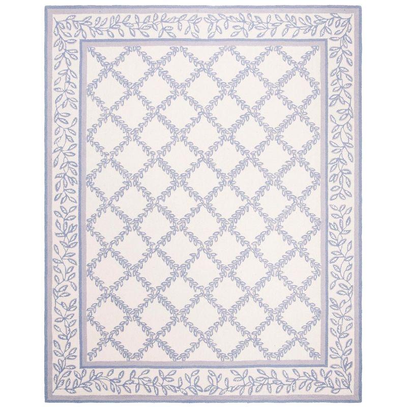 Ivory and Light Blue Hand-Hooked Wool Floral Area Rug, 10' x 14'