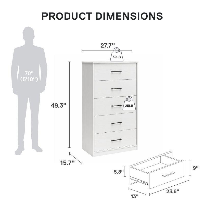 White Tall 5 Drawer Dresser with Metal Handles