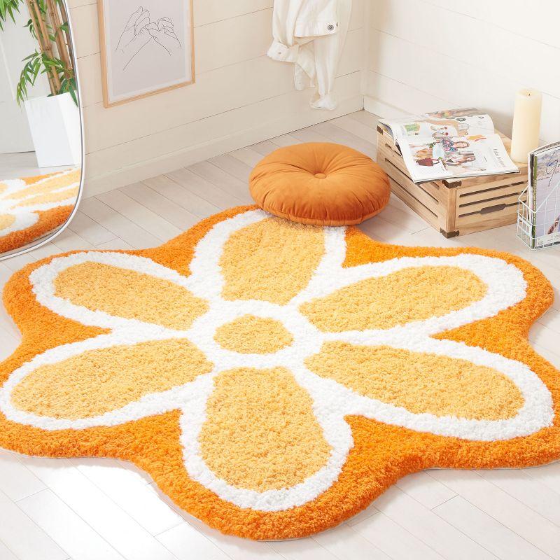 Ivory and Orange Floral Tufted Round Wool Rug