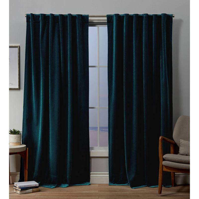 Set of 2 (84"x54") Velvet Back Tab Light Filtering Window Curtain Panels Teal - Exclusive Home: Polyester, Plain Weave