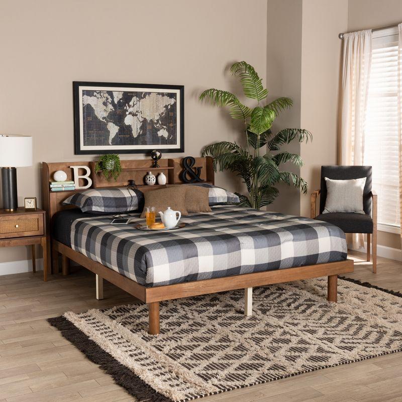 Walnut Brown Wood Full Platform Bed with Shelves and USB Ports