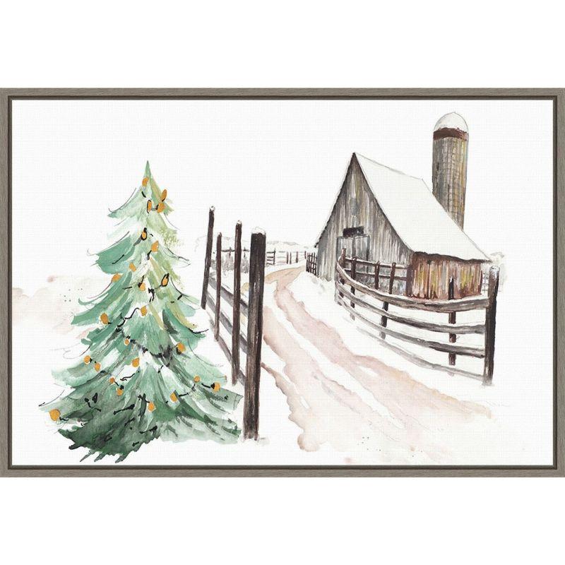 Snowy Vermont Farm Christmas Scene Framed Canvas Wall Art