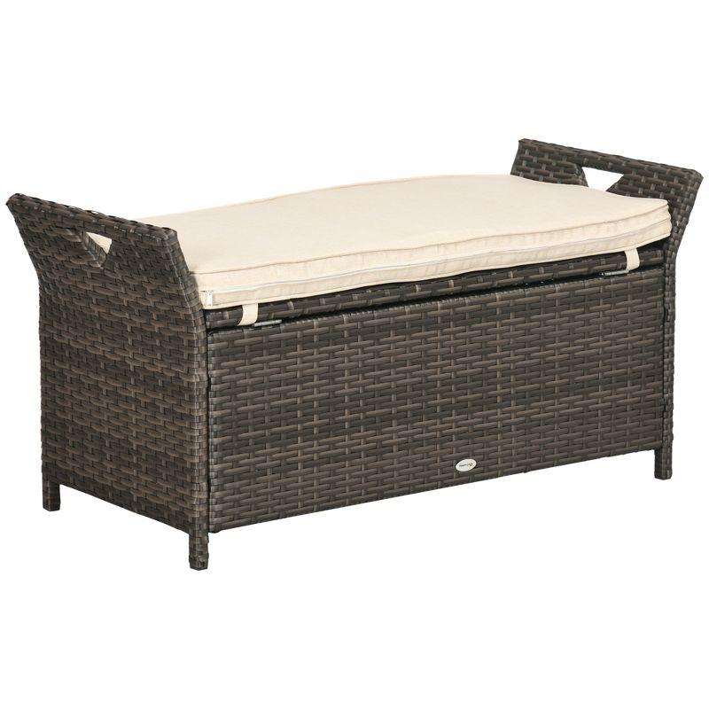 Outsunny 29 Gallon Patio Wicker Storage Bench, Outdoor PE Rattan Patio Furniture, 2-In-1 Footstool Rectangle Basket Box w/ Handles & Cushion, Cream