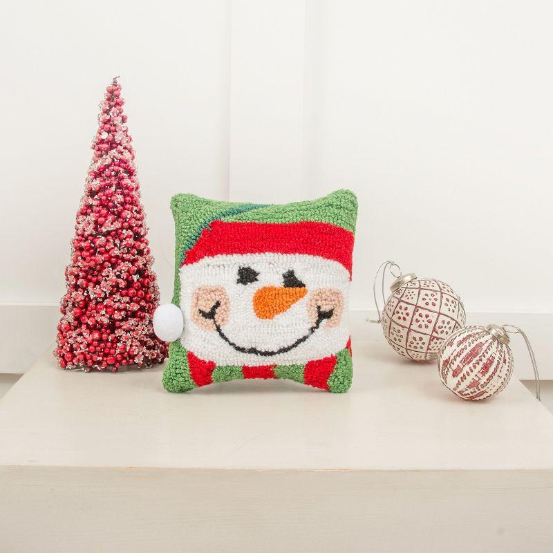 Happy Snowman Red and Green Hooked Holiday Pillow