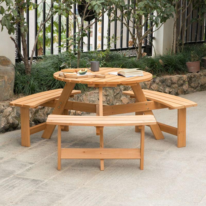 Gardenised Wooden Outdoor Round Picnic Table with Bench for Patio, 6- Person with Umbrella Hole - Stained