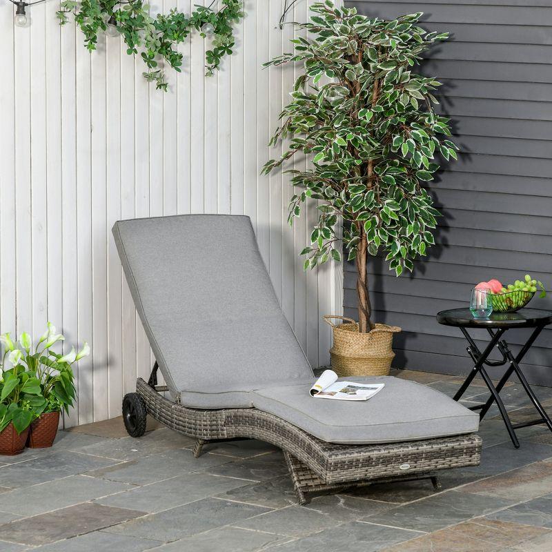 Outsunny Patio Wicker Chaise Lounge Chair, Outdoor PE Rattan Sun lounger w/ 5-Level Adjustable Backrest & 2 Wheels for Easy Movement, Mixed Gray