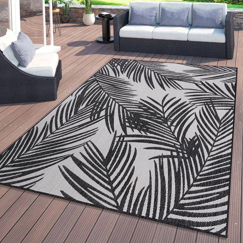 Tropical Floral Black Synthetic 5' x 7' Easy-Care Outdoor Rug
