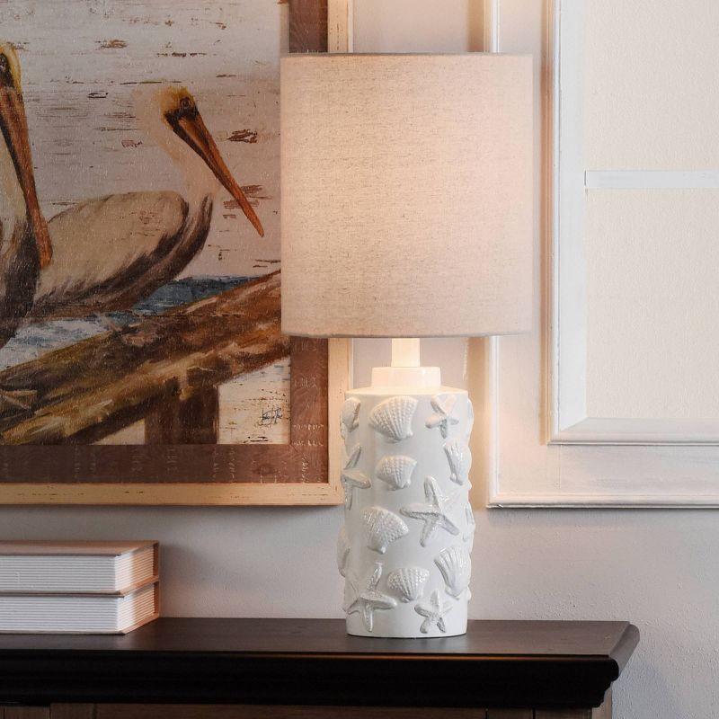 Seashell Motif Table Lamp in White with Hardback Fabric Shade - StyleCraft: Nightstand & Side Table Lighting
