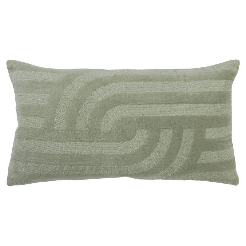 Green Cotton Velvet Embroidered Lumbar Pillow 14"x26"